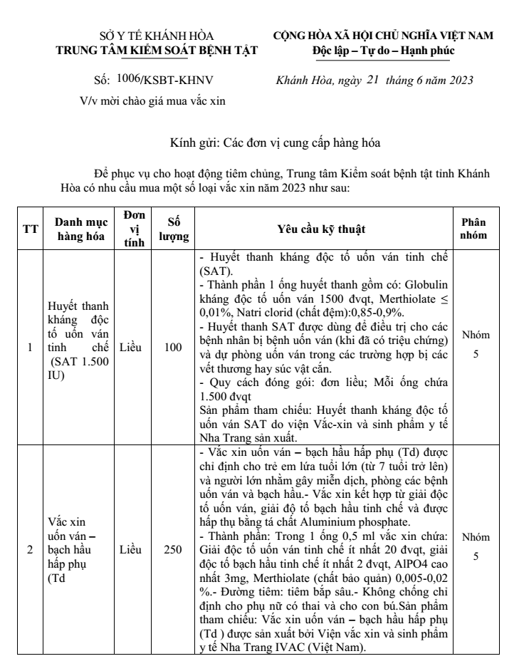 Mời chào giá mua vắc xin